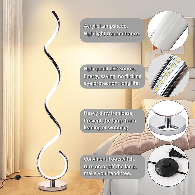 Modern Floor Lamps for Living Room, 40W Dimmable LED Spiral Floor Lamp with Remote, Adjustable Colors & Brightness Standing Lamp Reading Lamp Corner Floor Lamp for Bedroom, Office - Silver - LeafyLoom