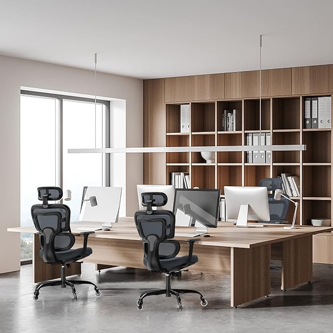 Ergonomic Office Chair - Mesh Office Chair High Back, Rolling Desk Chair, Executive Swivel Chair, Computer Chair with 3D Adjustable Armrest, 3D Lumbar Support, Blade Wheels, Adjustable Headrest - LeafyLoom