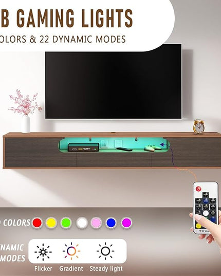 Pmnianhua Floating TV Stand with LED Lights,63'' Wall Mounted TV Cabinet Floating under TV Shelf Media Console Entertainment Center with Storage Living Room Playroom Bedroom(walnut) - LeafyLoom