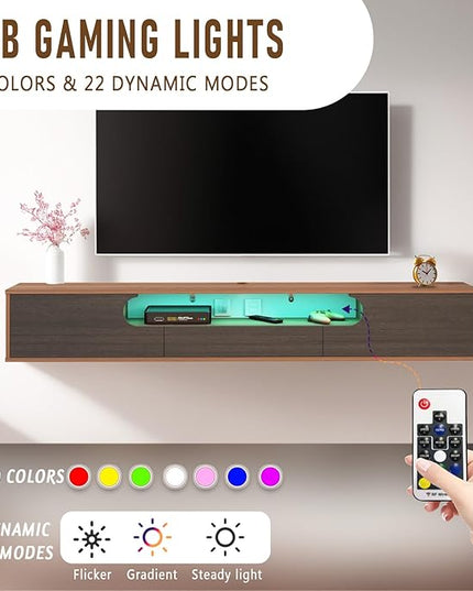Pmnianhua Floating TV Stand with LED Lights,70'' Wall Mounted TV Cabinet Floating under TV Shelf Media Console Entertainment Center with Storage Living Room Playroom Bedroom(walnut) - LeafyLoom