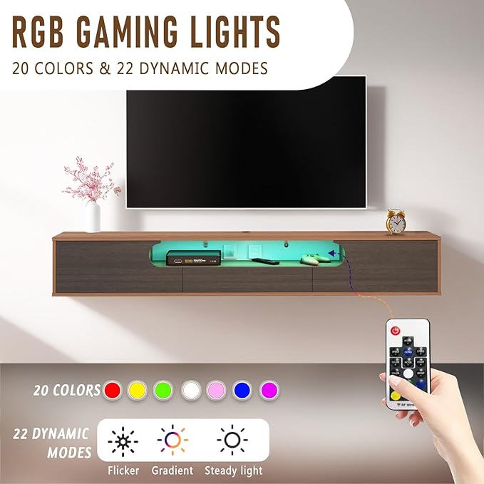 Pmnianhua Floating TV Stand with LED Lights,70'' Wall Mounted TV Cabinet Floating under TV Shelf Media Console Entertainment Center with Storage Living Room Playroom Bedroom(walnut) - LeafyLoom