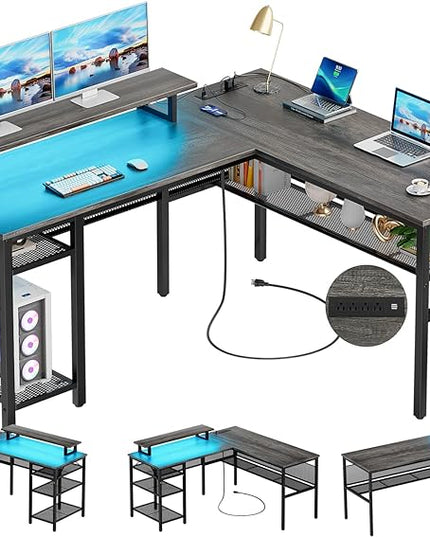 Unikito L Shaped Computer Desk with Magic Power Outlets and Smart LED Light, Reversible 55 Inch Corner Office Desk with Monitor Stand, Unique Grid Design, Gaming Table with Storage, Black Oak - LeafyLoom