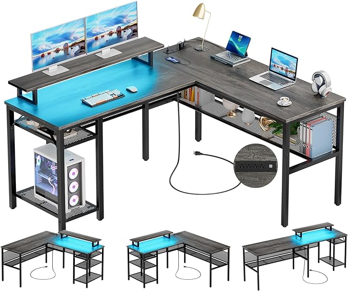 Unikito L Shaped Computer Desk with Magic Power Outlets and Smart LED Light, Reversible 55 Inch Corner Office Desk with Monitor Stand, Unique Grid Design, Gaming Table with Storage, Black Oak - LeafyLoom