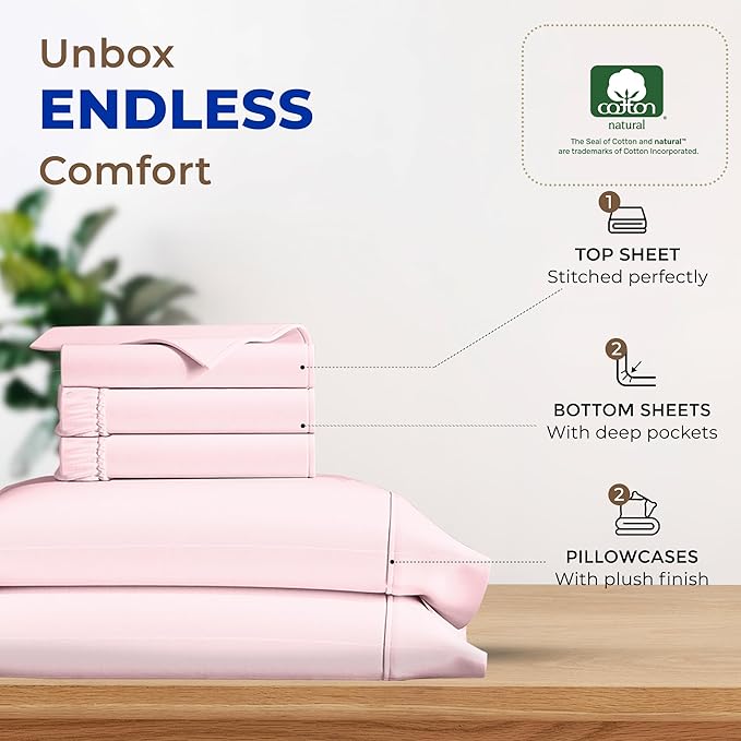 THREAD SPREAD 100% Egyptian Cotton Split King Sheets Sets for Adjustable Bed - 600 Thread Count 5 PC Top Split King Sheets, 16" Deep Pocket Soft Cooling Sheets for Split King Adjustable Bed - Blush - LeafyLoom