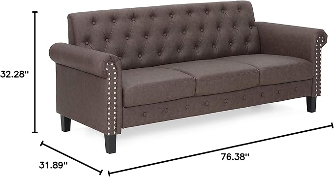 Furinno Bastia Vintage Modern Chesterfield Button Tufted 3-Seater Sofa Couch for Living Room, Brown Faux Leather - LeafyLoom