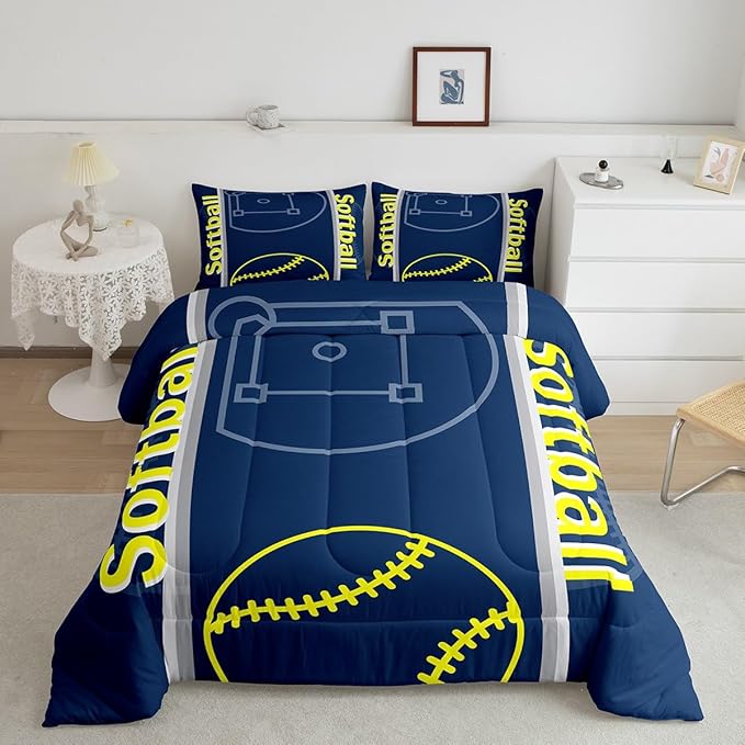Feelyou Kids Softball Comforter Set Queen Size Sports Game Bedding Set for Boys Girls Teens Bedroom Decor Baseball Comforter Softball Gaming Theme Duvet Set with 2 Pillow Case - LeafyLoom