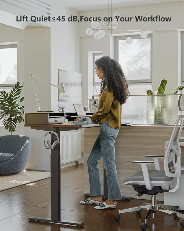 BANTI 55"x 26" Electric Standing Desk with Glass Top Monitor Stand, Adjustable Sit Stand Up Table with Double Drawer, Sit Stand Desk with Storage Shelf, Black Walnut Top - LeafyLoom