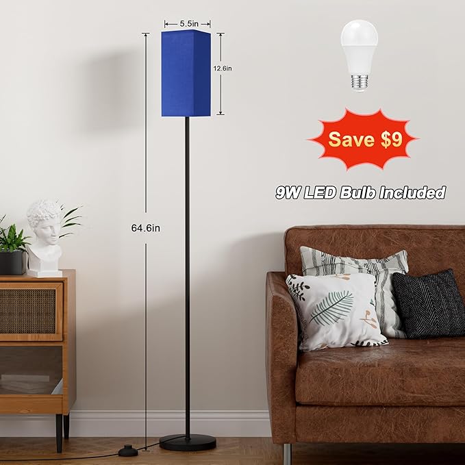 Ambimall Remote Control Floor Lamp, Stepless Dimmable, 64 Inches Tall, Include 9W Bulb, Standing Lamp for Living Room Bedroom Office (Blue & Black) - LeafyLoom