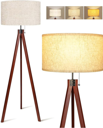 Wood Tripod Floor Lamp, 3 Color Temperatures Mid Century Modern Boho Floor Lamp, Tall Standing Lamps for Living Room Bedroom Office, Flaxen Lamp Shade with E26 Lamp Base - LeafyLoom