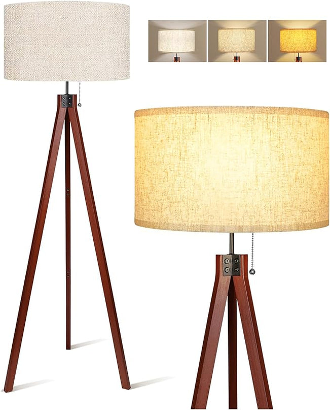 Wood Tripod Floor Lamp, 3 Color Temperatures Mid Century Modern Boho Floor Lamp, Tall Standing Lamps for Living Room Bedroom Office, Flaxen Lamp Shade with E26 Lamp Base - LeafyLoom