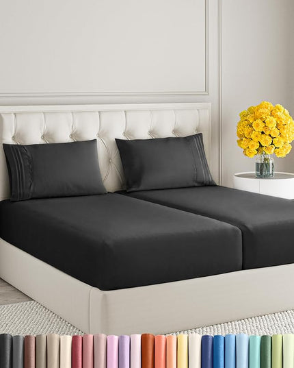 Split King Size 5 Piece Sheet Set - Comfy Breathable & Cooling Sheets - Hotel Luxury Bed Sheets for Women & Men - Deep Pockets, Easy-Fit, Soft & Wrinkle Free Sheets - Black Oeko-Tex Bed Sheet Set - LeafyLoom