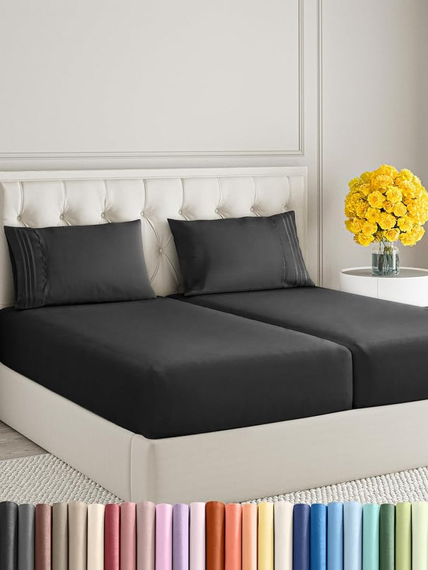 Split King Size 5 Piece Sheet Set - Comfy Breathable & Cooling Sheets - Hotel Luxury Bed Sheets for Women & Men - Deep Pockets, Easy-Fit, Soft & Wrinkle Free Sheets - Black Oeko-Tex Bed Sheet Set - LeafyLoom