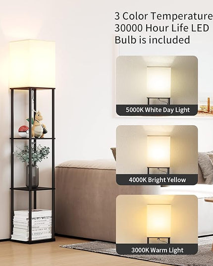 SUNMORY Floor Lamp with Shelves, Modern Square Standing Lamp with 3 Color Temperature Bulb, Corner Display Bookshelf Lamp for Living Room and Bedroom(Black) - LeafyLoom