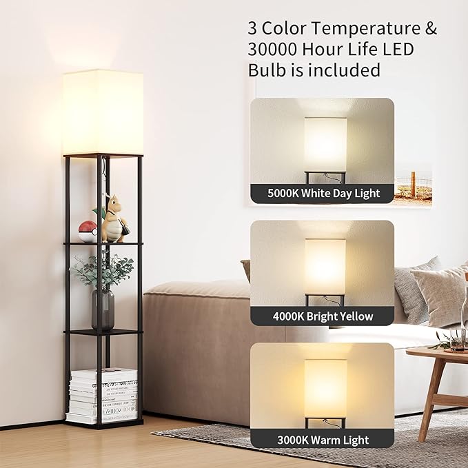 SUNMORY Floor Lamp with Shelves, Modern Square Standing Lamp with 3 Color Temperature Bulb, Corner Display Bookshelf Lamp for Living Room and Bedroom(Black) - LeafyLoom