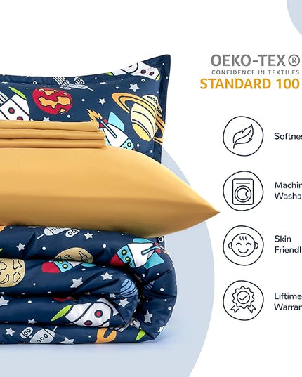 SLEEP ZONE Kids Twin Bedding Comforter Set - Super Cute & Soft Kids Bedding 5 Pieces Set with Comforter, Sheet, Pillowcase & Sham (Rocket Galaxy) - LeafyLoom