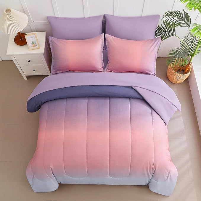 Dinjoy Girls Comforter Set Twin Size Colorful Rainbow Ombre Pink Purple Light Blue Bedding Set Gradient 6 Pieces Bed in A Bag for Kids Teen Women(1 Comforter, 1 Flat Sheet, 1 Fitted Sheet) - LeafyLoom