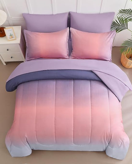 Dinjoy Girls Comforter Set Twin XL Size Rainbow Ombre Pink Purple Light Blue Bedding Set Gradient 6 Pieces Bed in A Bag for Kids Teen Women(1 Comforter, 1 Flat Sheet, 1 Fitted Sheet) - LeafyLoom