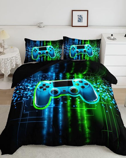 Datura home Video Gamer Comforter Set for Kids Teens Adults,Green Black Gamepad Modern Gamer Gaming Printed Bedding Set with 1 Comforter and 2 Pillowcases(Gamepad Green Full) - LeafyLoom