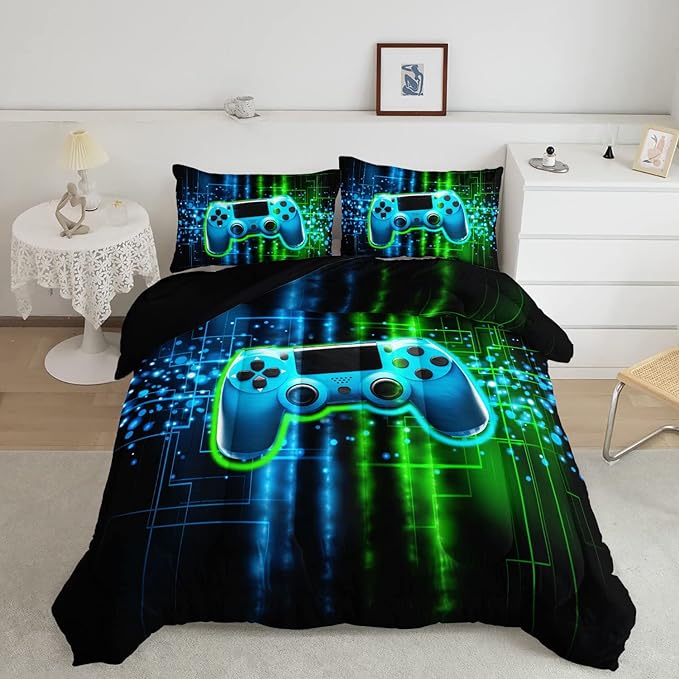 Datura home Video Gamer Comforter Set for Kids Teens Adults,Green Black Gamepad Modern Gamer Gaming Printed Bedding Set with 1 Comforter and 2 Pillowcases(Gamepad Green Full) - LeafyLoom
