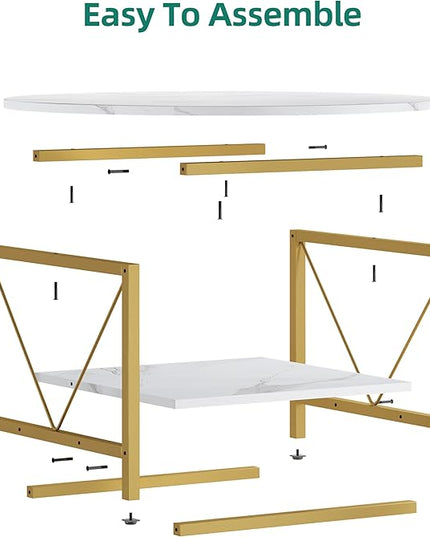 YITAHOME Round Coffee Table,Rustic Wood Coffee Tables for Living Room with Storage Shelf, Modern Farmhouse Circle Coffee Table Center with Sturdy Metal Legs Home Furniture, Gold and White - LeafyLoom