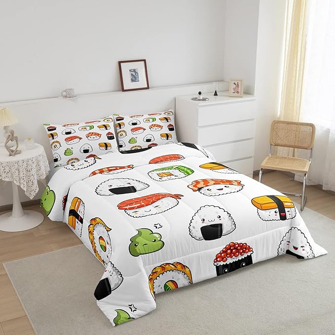 Sushi Pattern Comforter Set Japanese-Style Bedding Set for Kids Boys Girls Teens Food Theme Comforter Cute Cartoon Japanese Sushi Duvet Set Room Decor Quilt Set Queen Size Microfiber - LeafyLoom