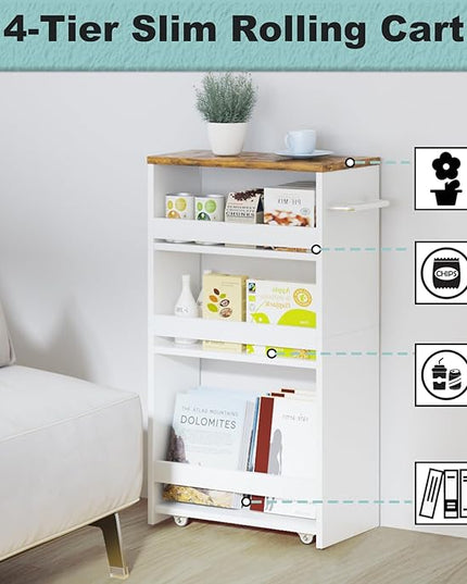 MARTY Rolling Storage Cart 7.9" W, 4-Tier White Kitchen Cart on Wheels, Slim Storage Cart with Handle for Laundry Narrow Places Bathroom Small Corner - LeafyLoom
