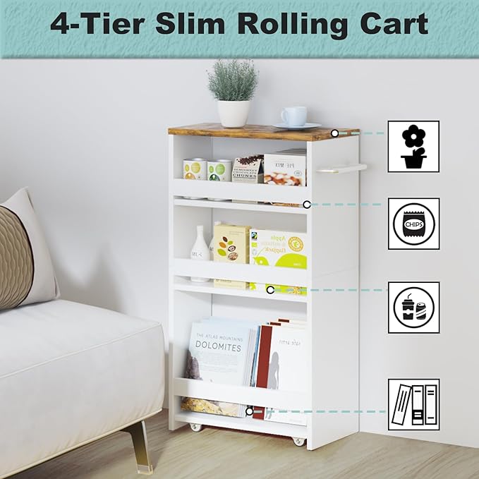 MARTY Rolling Storage Cart 7.9" W, 4-Tier White Kitchen Cart on Wheels, Slim Storage Cart with Handle for Laundry Narrow Places Bathroom Small Corner - LeafyLoom