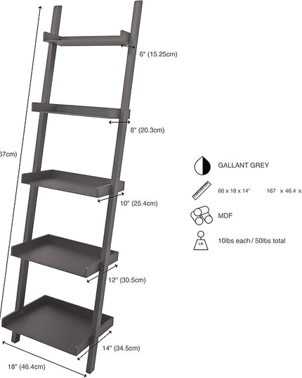Kiera Grace Providence Hadfield 5 Tier Ladder Shelf, Leaning Bookshelf Storage Rack for Home, Office, 18" x 67", Medium Grey - LeafyLoom