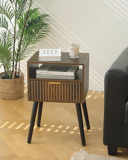 MaxSmeo Small Nightstand Wood Bedside Table with Drawer, Modern End Table for Bedroom and Small Spaces, Solid Wood Legs, Easy Assembly, Rustic Brown and Black - LeafyLoom