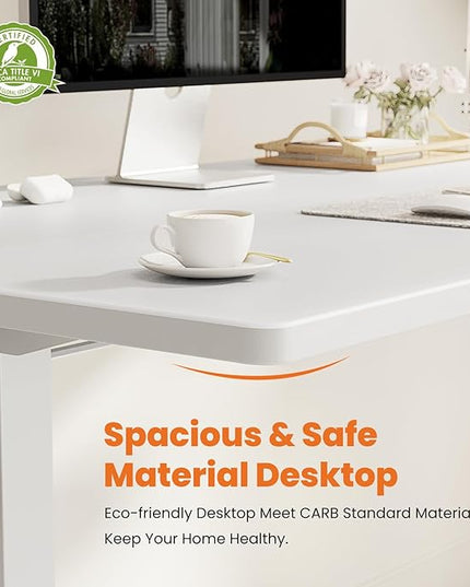Sweetcrispy Standing Desk -55 in Electric Standing Desk, Height Adjustable Stand Up Desk for Home Office, Sit Stand Desk Stable Computer Rising Desk with Spliced Board, 2 Storage Hooks, White - LeafyLoom