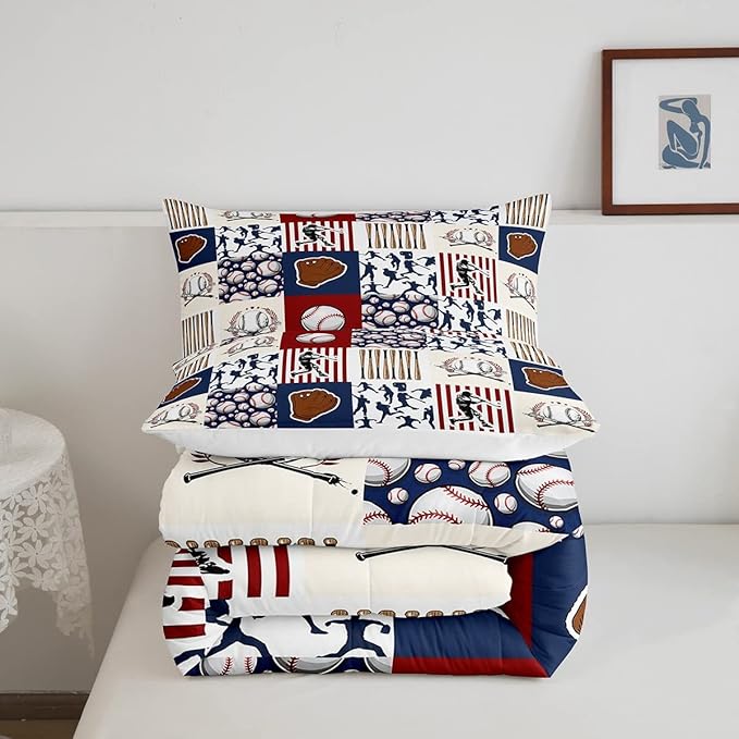 Erosebridal Kids Baseball Full Comforter Set for Boys,Teen Baseball Athlete Bedding Set Room Decor Sports Theme Bed Comforter Sets Baseball Bat Gloves Quilt Duvet with 2 Pillow Cases Red Navy Blue - LeafyLoom