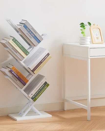 5 Tier Tree Bookshelf, Small Iron Corner Bookcase, Modern Book Shelf Storage Display Floor Standing Bookcase, Utility Organizer for CDs/Books/Home Office/Living/Bedroom Room- White - LeafyLoom