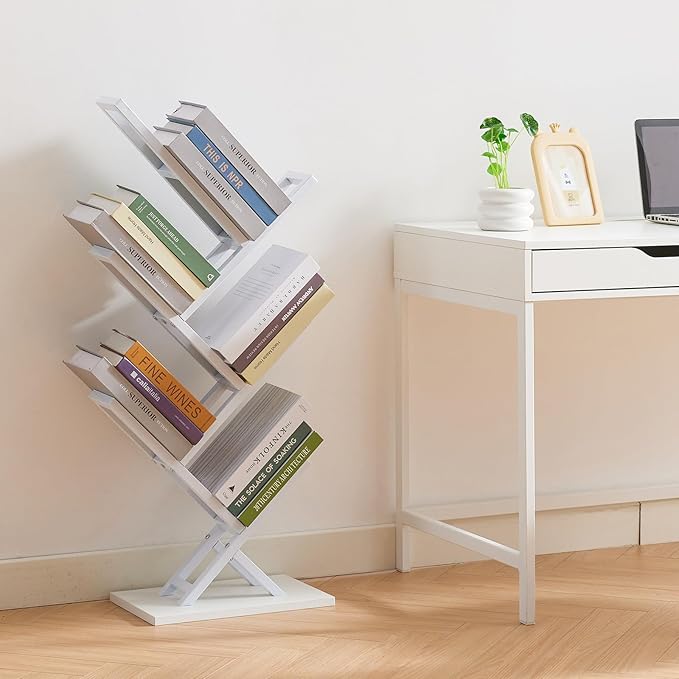 5 Tier Tree Bookshelf, Small Iron Corner Bookcase, Modern Book Shelf Storage Display Floor Standing Bookcase, Utility Organizer for CDs/Books/Home Office/Living/Bedroom Room- White - LeafyLoom