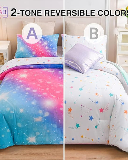 A Nice Night 6Pcs Gradient Glitter Bedding Set for Girls, Colorful Rainbow Galaxy Comforter Set, Ultra Soft Bedding Sets (Pink-Blue,Full 6Pcs) - LeafyLoom