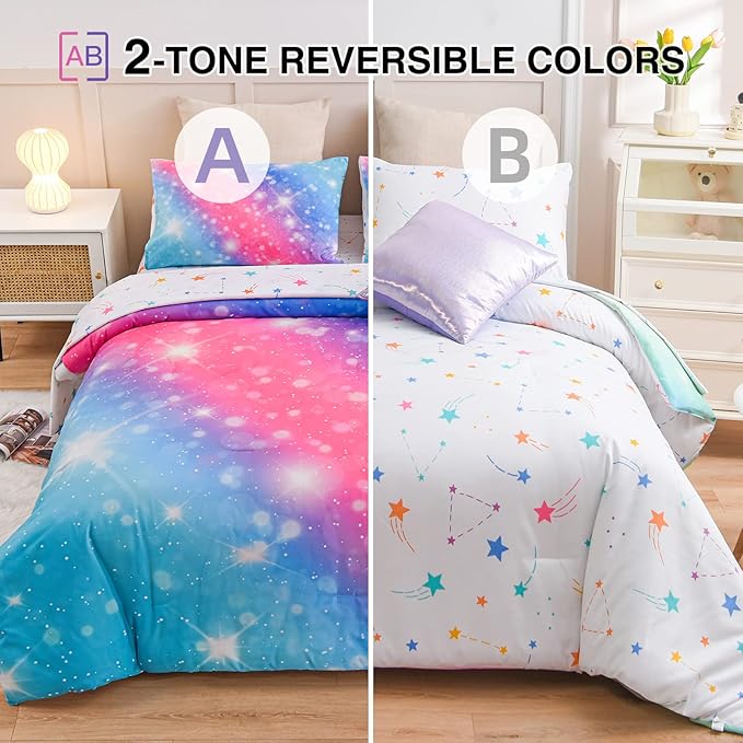 A Nice Night 6Pcs Gradient Glitter Bedding Set for Girls, Colorful Rainbow Galaxy Comforter Set, Ultra Soft Bedding Sets (Pink-Blue,Full 6Pcs) - LeafyLoom
