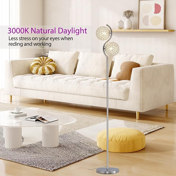 Crystal Floor Lamp, Elegant Standing Lamp, Modern Floor Lamp Chrome Finish Tall Pole Lamp, Modern Standing Lamp with On/Off Foot Switch for Living Room, Girl Bedroom, Dresser, Office, E26 Base - LeafyLoom