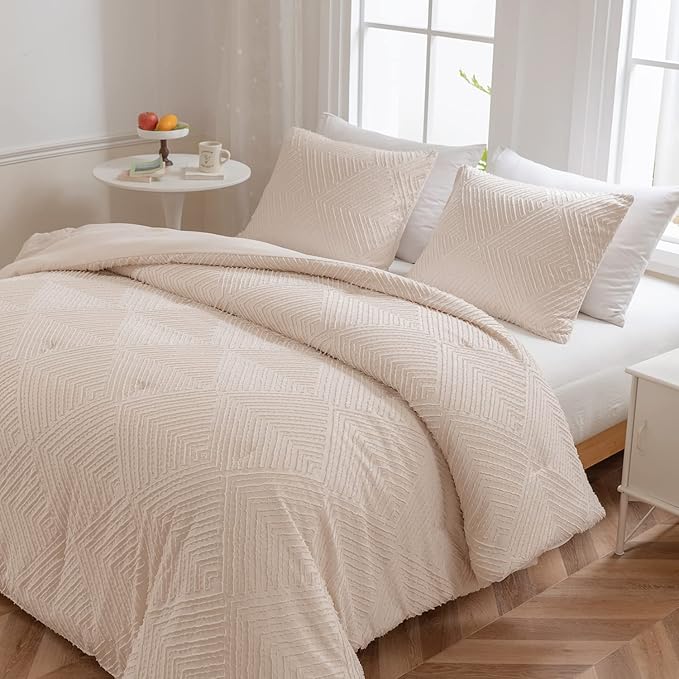 Beige Comforter Set Queen, Boho Tufted Design Bedding Comforter Sets 3 Pieces, Lightweight and Fluffy for All Seasons (1 Comforter, 2 Pillowcases) - LeafyLoom