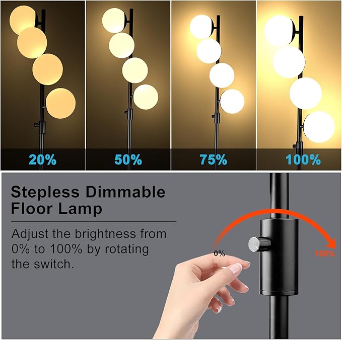 Lightdot 64IN Mid Century Globe Floor Lamp, Dimmable (Brightness Adjustable) Black Floor Lamp with 3000K G9 Bulbs Included, Modern Standing Lamps for Living Room Bedroom Office - LeafyLoom
