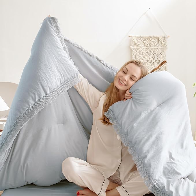Andency Light Grey Comforter Set Queen, 3 Pieces Boho Tassel Lightweight Bedding Comforter Sets, All Season Soft Fluffy Fringe Bed Set (90x90In Comforter & 2 Pillowcases) - LeafyLoom