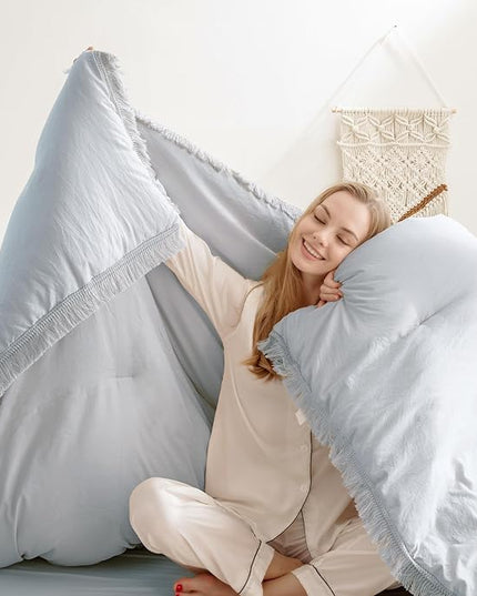 Andency Light Grey Comforter Set Twin Size, 2 Pieces Boho Tassel Lightweight Bedding Comforter Sets, All Season Soft Fluffy Fringe Bed Set (66x90In Comforter & 1 Pillowcase) - LeafyLoom