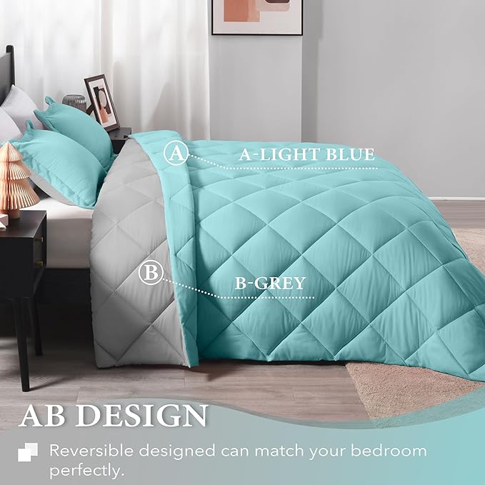 downluxe Queen Comforter Set - Turquoise and Grey Queen Comforter, Soft Bedding Sets for All Seasons -3 Pieces - 1 Comforter (88"x92") and 2 Pillow Shams(20"x26") - LeafyLoom