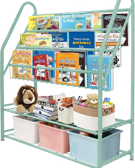 aboxoo Metal Kids Bookshelf Green Freestanding for Children Room 32 in Toy Organizer Book Unit Storage Large Green Stable Bookcase Bookstore Living Room Bed Room Library - LeafyLoom