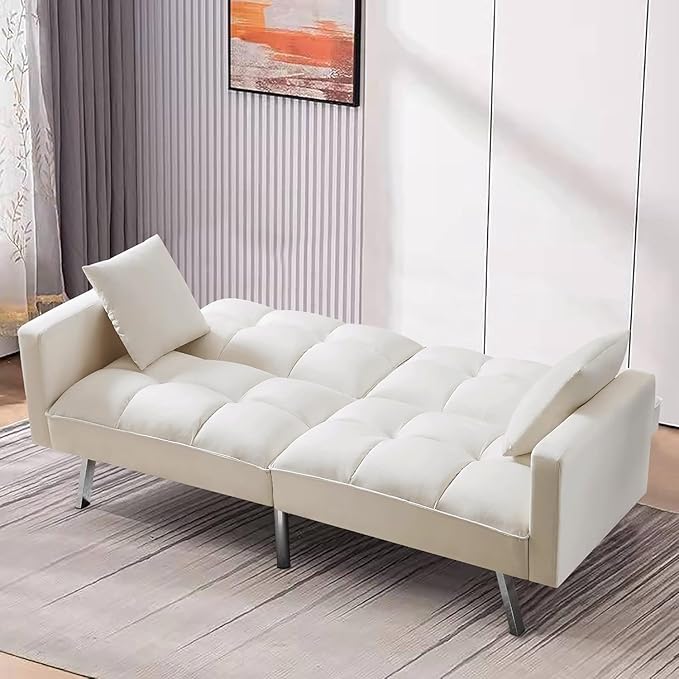 Sofa Modern Convertible Folding Lounge Couch Loveseat Daybed Living Room Furniture Sets with 2 Pillows,3 Adjustable Angles Backrest with 6 Metal Legs for Bedroom,Office-White Sofá - LeafyLoom
