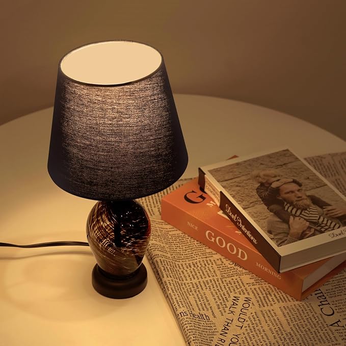 Small Bedside Table Lamp Set of 2, Wine Bottle Shape Glass Body, Warm Ambient Lighting, Bulb Included, 14" Height, Black - LeafyLoom