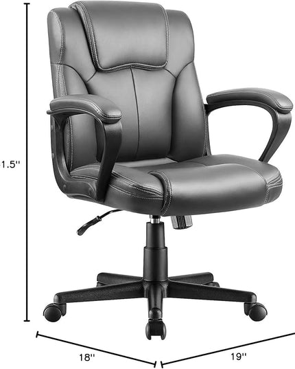Executive Office Chair Mid Back Swivel Computer Task, Ergonomic Leather-Padded Desk Seats with Lumbar Support,Armrests, Gray - LeafyLoom