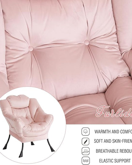 Lazy Chair with Ottoman, Modern Chair with Folding Footrest, Lounge Accent Chair, Comfortable Reading Chair, Oversized Armchairs for Bedroom, Study, Living Room, Courtyard (Pink) - LeafyLoom