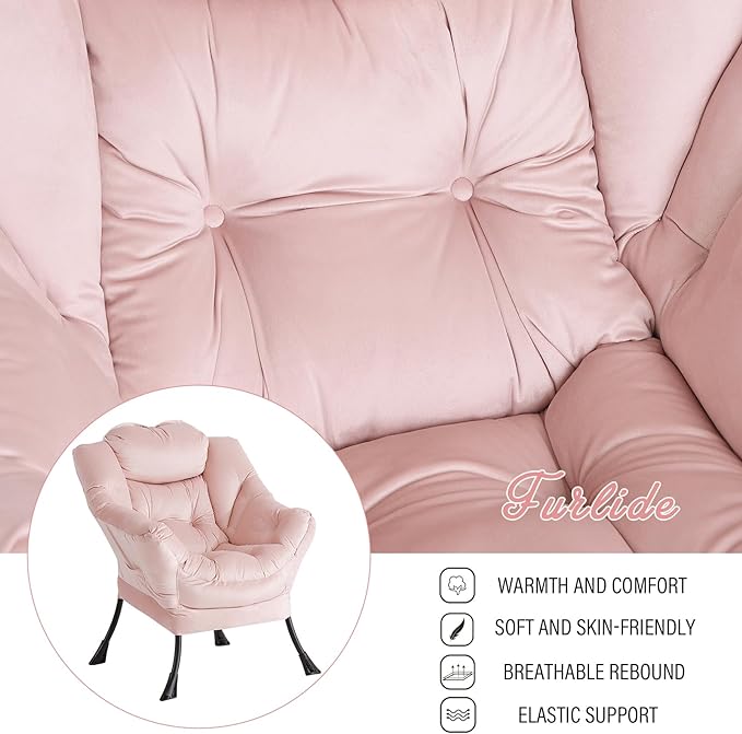 Lazy Chair with Ottoman, Modern Chair with Folding Footrest, Lounge Accent Chair, Comfortable Reading Chair, Oversized Armchairs for Bedroom, Study, Living Room, Courtyard (Pink) - LeafyLoom