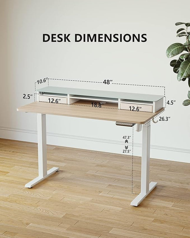 BANTI 48"x 26" Electric Standing Desk with Glass Top Monitor Stand, Adjustable Sit Stand Up Table with Double Drawer, Sit Stand Desk with Storage Shelf, Light Walnut Top - LeafyLoom