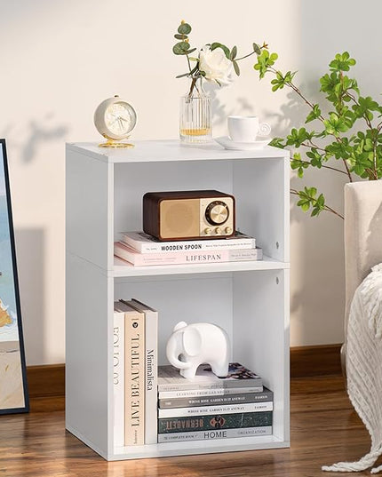 YAHARBO 2 Cube Bookshelf, White Record Player Stand with Vinyl Storage Up to 100 Albums, Horizontal Low Book Shelf, Mini Bookcase with Storage Organizer, Small Turntable Stand for Living Room, Bedroom - LeafyLoom