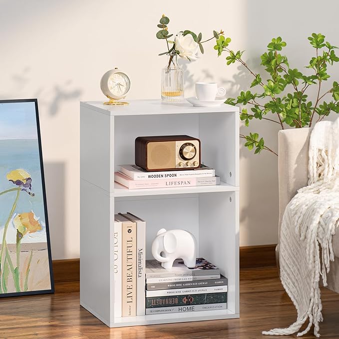 YAHARBO 2 Cube Bookshelf, White Record Player Stand with Vinyl Storage Up to 100 Albums, Horizontal Low Book Shelf, Mini Bookcase with Storage Organizer, Small Turntable Stand for Living Room, Bedroom - LeafyLoom